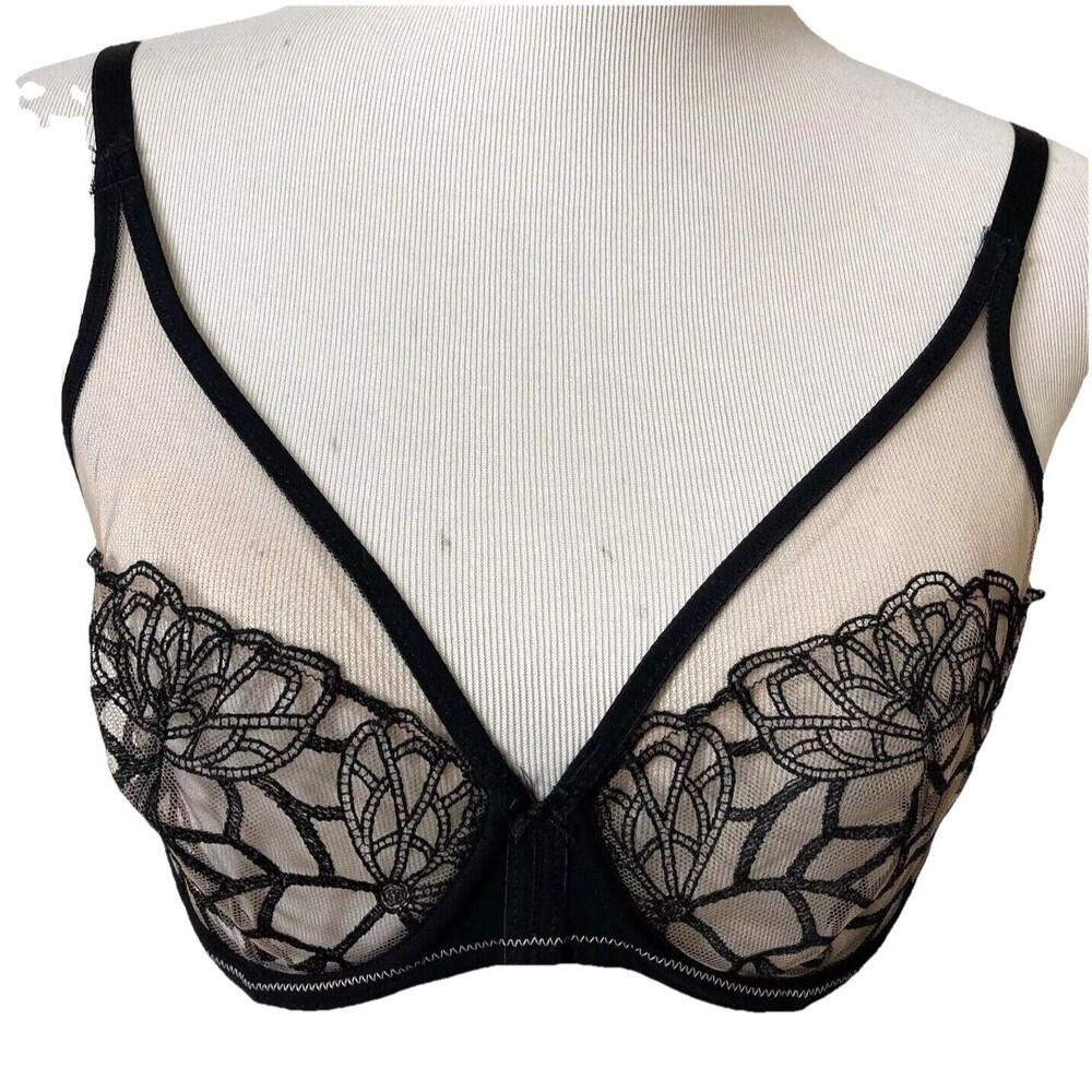 Simone Perele Bra 32D Underwire Black Lace Unlined Semi Sheer 12G319 Sexy - Picture 3 of 15